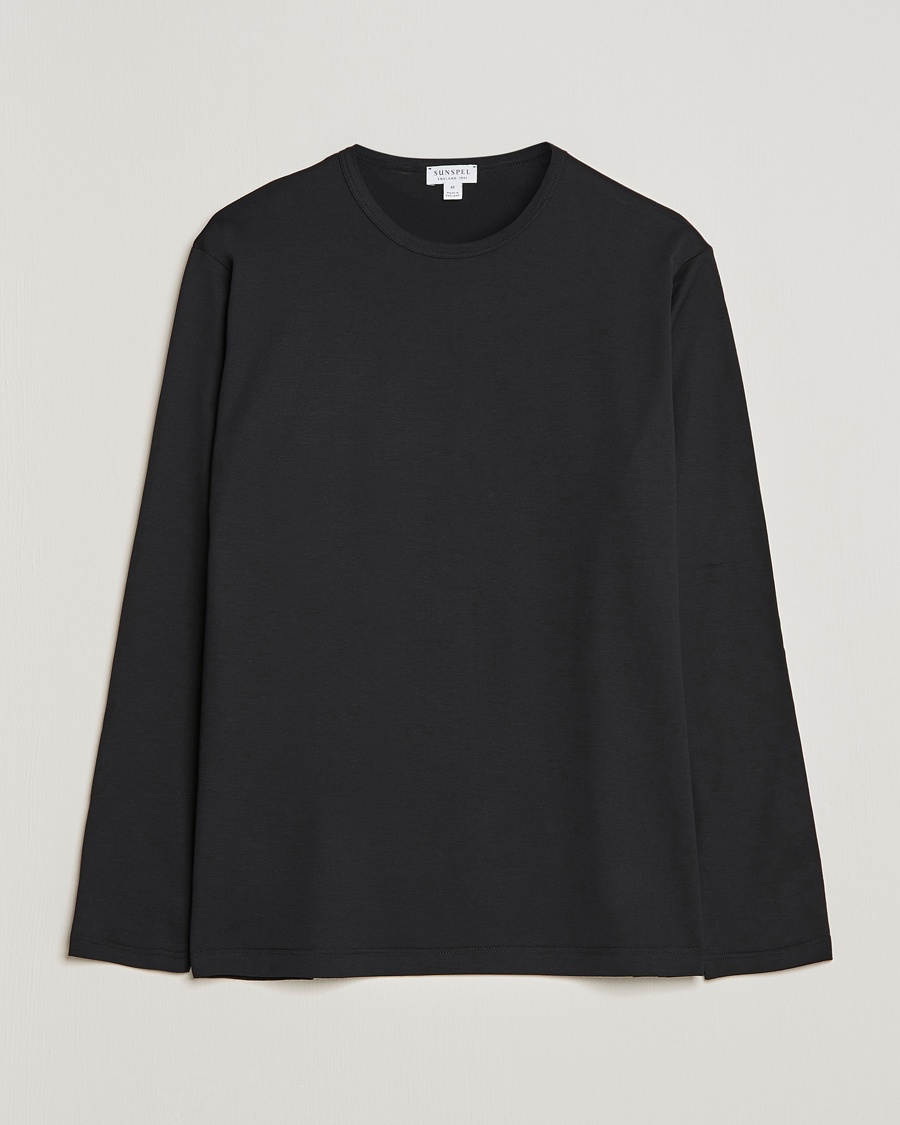 Sunspel Long Sleeve Crew Neck Cotton Tee Black – Musta