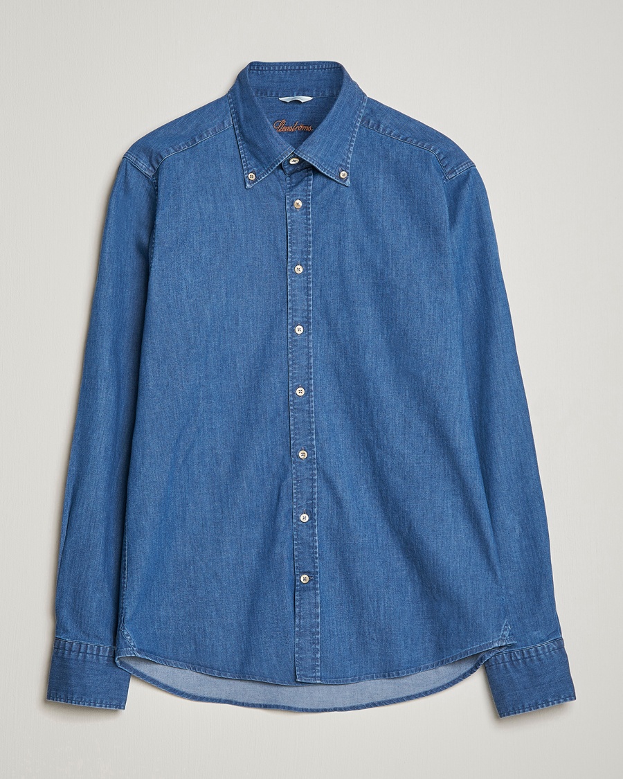 Stenströms Slimline Button Down Garment Washed Shirt Mid Blue Denim – Sininen