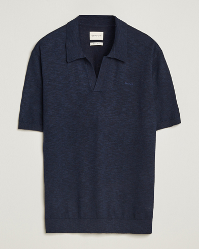 GANT Linen/Cotton Open Collar Polo Evening Blue – Sininen