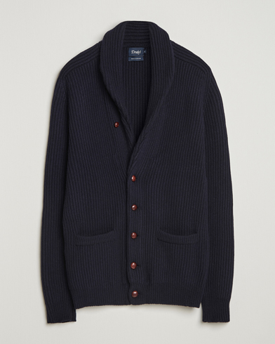 Drake's Lambswool Shawl Collar Rib Cardigan Navy – Sininen