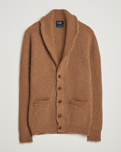 Drake's Lambswool Shawl Collar Rib Cardigan Brown – Beige