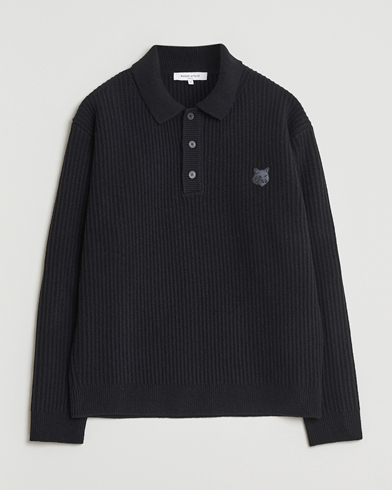 Maison Kitsuné Tonal Fox Head Wool Ribbed Polo Black – Musta