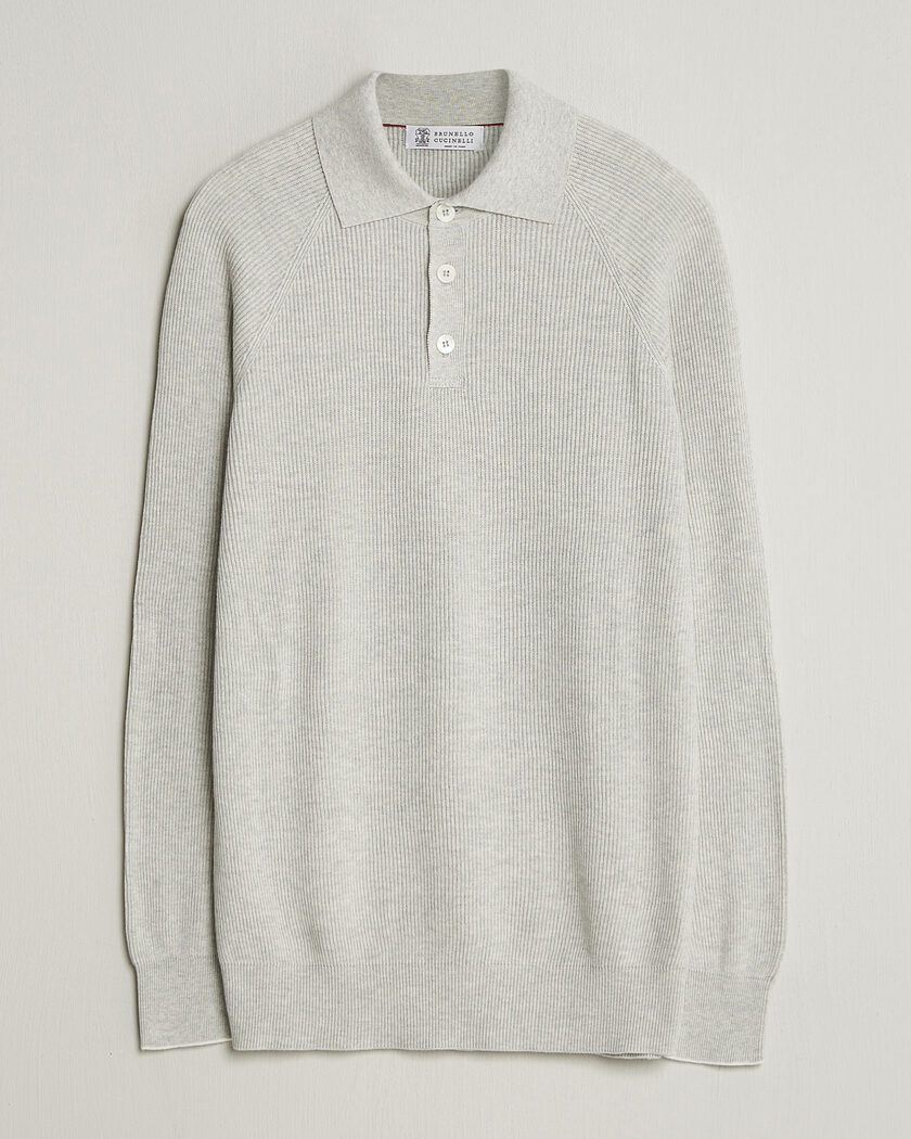 Brunello Cucinelli Cotton Rib Knitted Long Sleeve Polo Light Grey – Harmaa