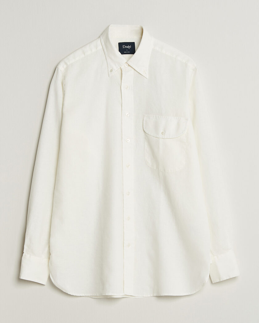 Drake's Linen Button Down Curved Pocket Shirt White – Valkoinen