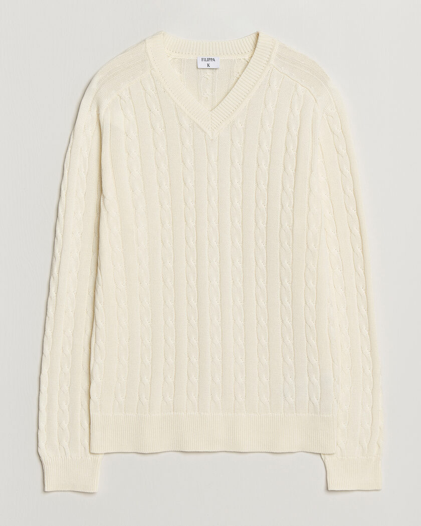 Filippa K Cotton Cable V-Neck Sweater Calico White – Valkoinen