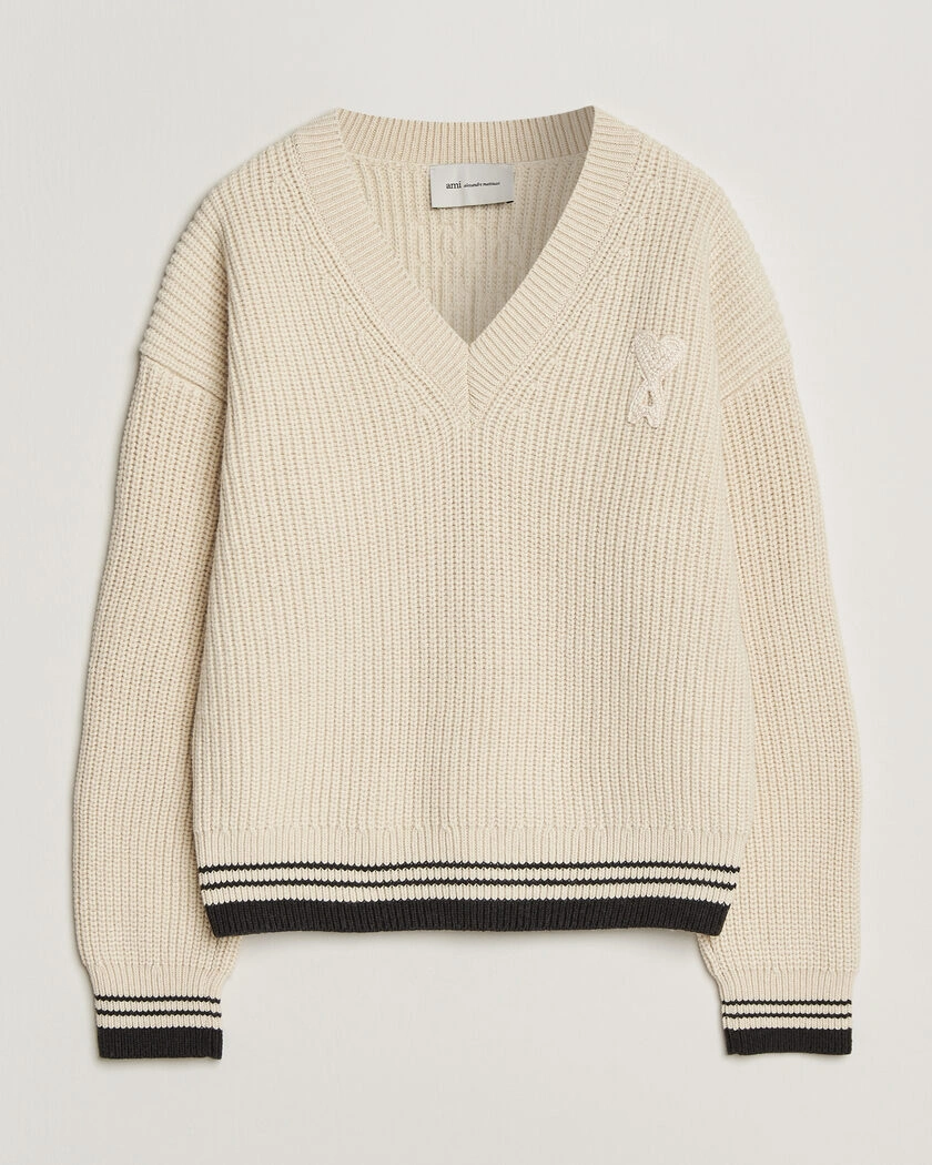 AMI Wool/Cotton Ribbed V-Neck Creme – Valkoinen