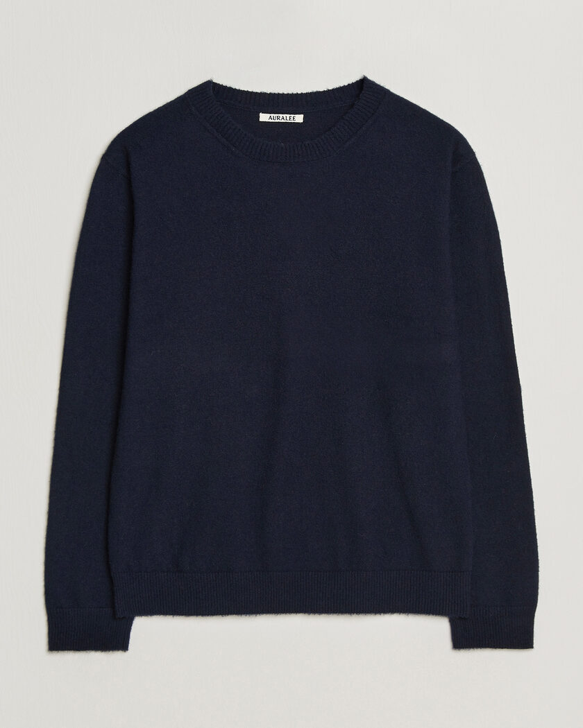 Auralee Brushed Cashmere/Cotton Crew Neck Navy – Sininen
