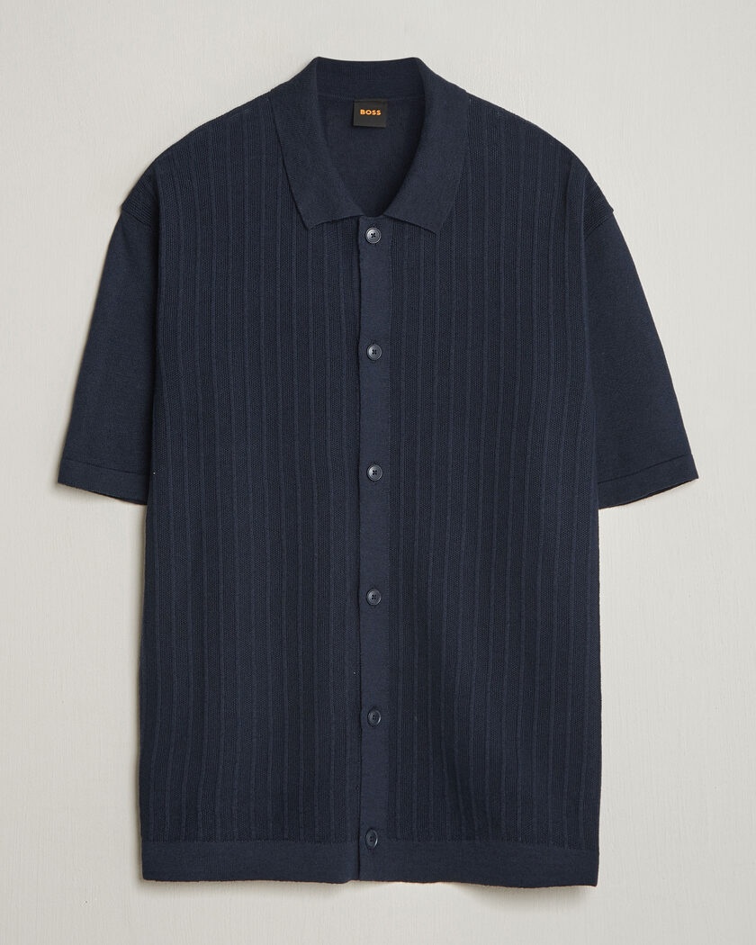 BOSS ORANGE Amicino Linen/Cotton Knitted Shirt Dark Blue – Sininen