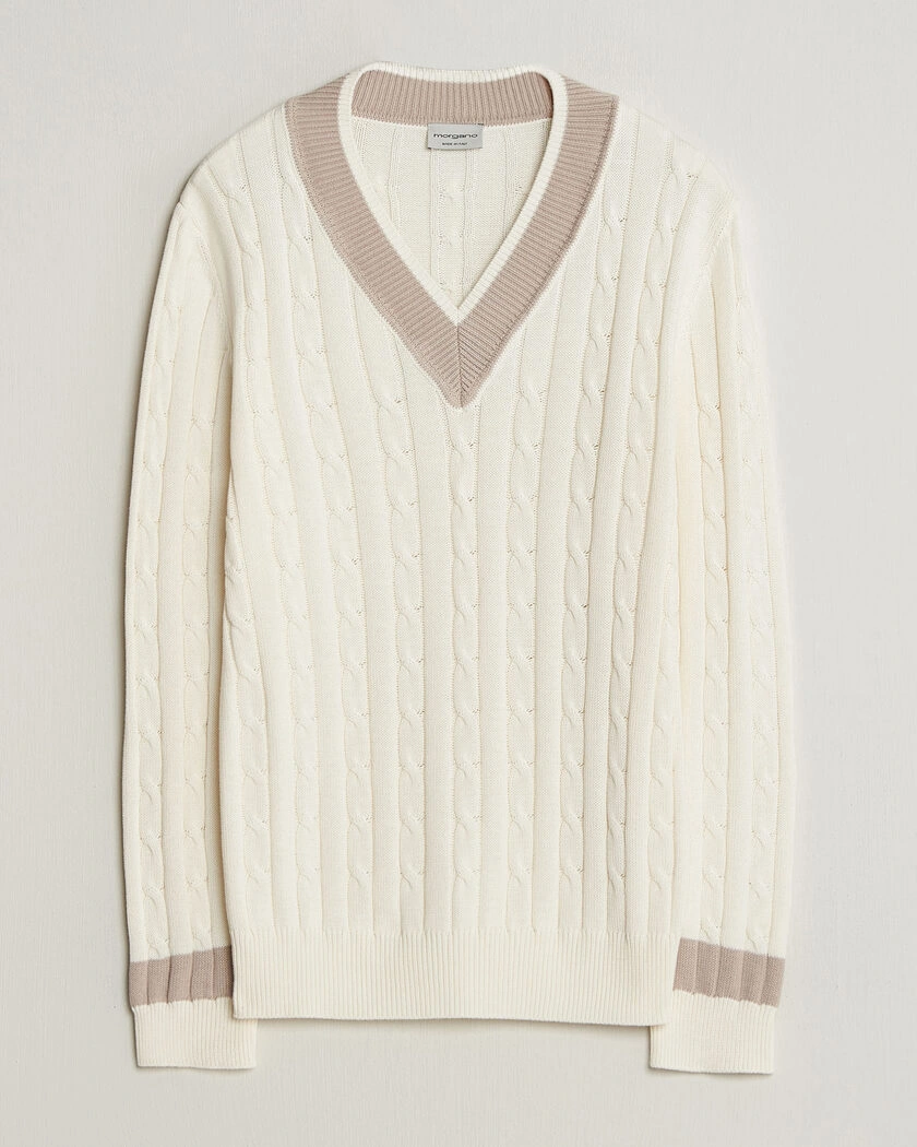Morgano Cable Knitted Cotton V-Neck White/Beige – Valkoinen