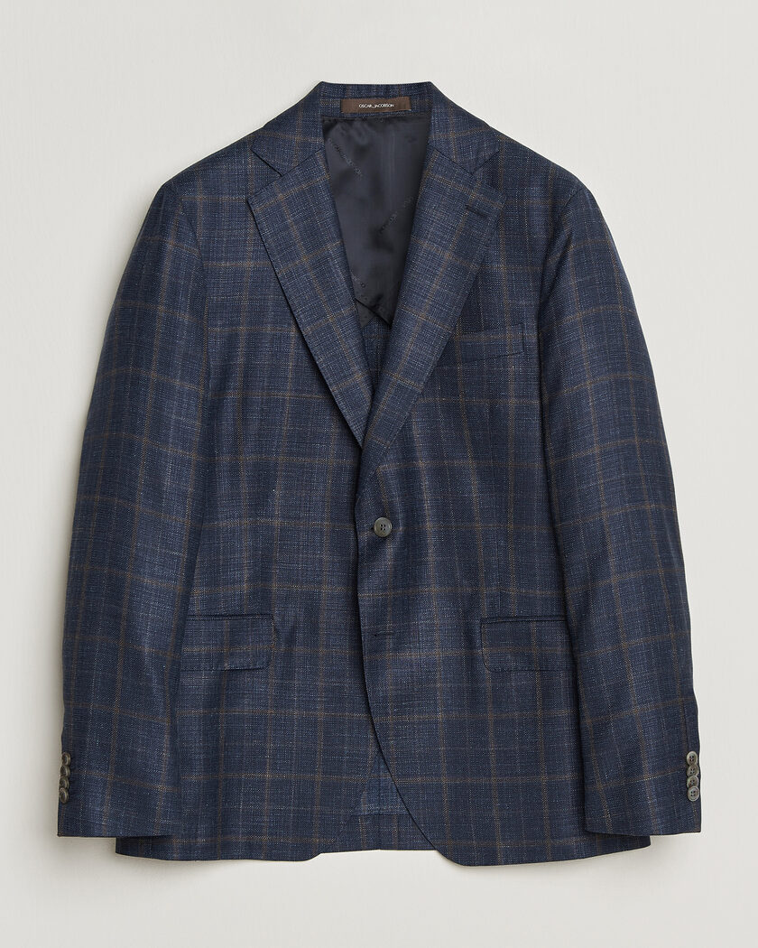 Oscar Jacobson Ferry Patch Loro Piana Summertime Checked Blazer Navy – Sininen