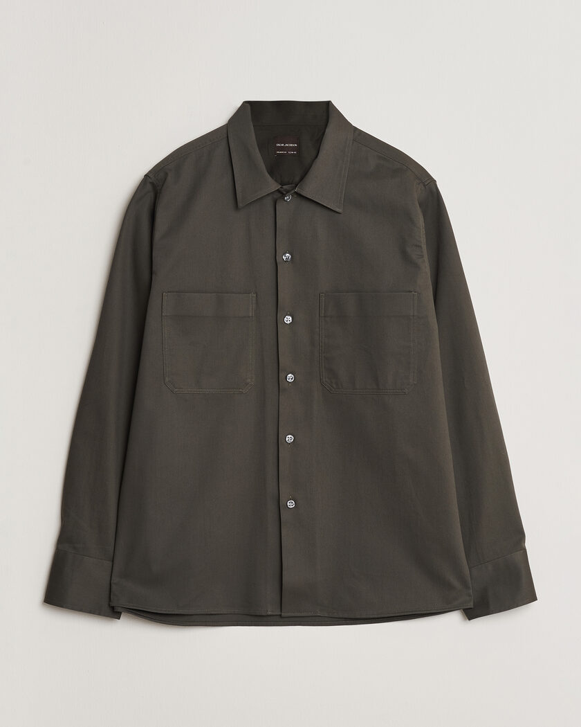 Oscar Jacobson Straight Fit Bowling Collar Cotton Shirt Olive – Vihreä