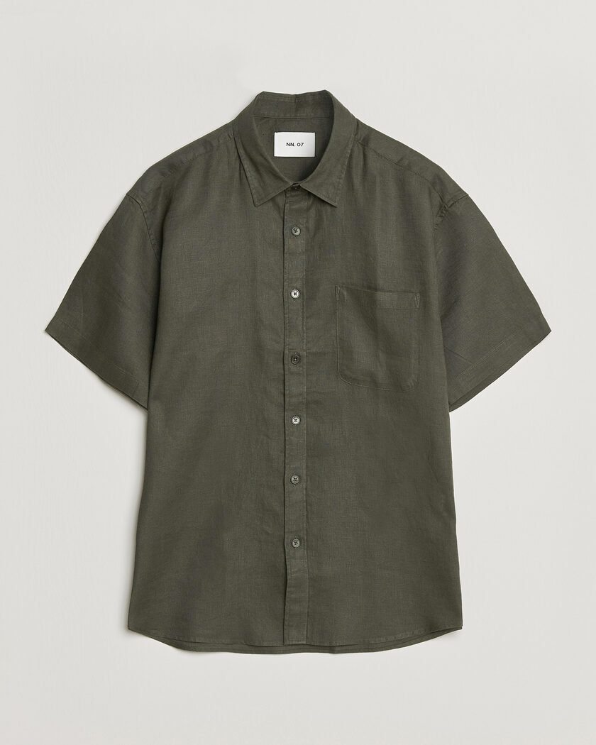 NN07 Deon Linen Short Sleeve Shirt Dark Army – Vihreä
