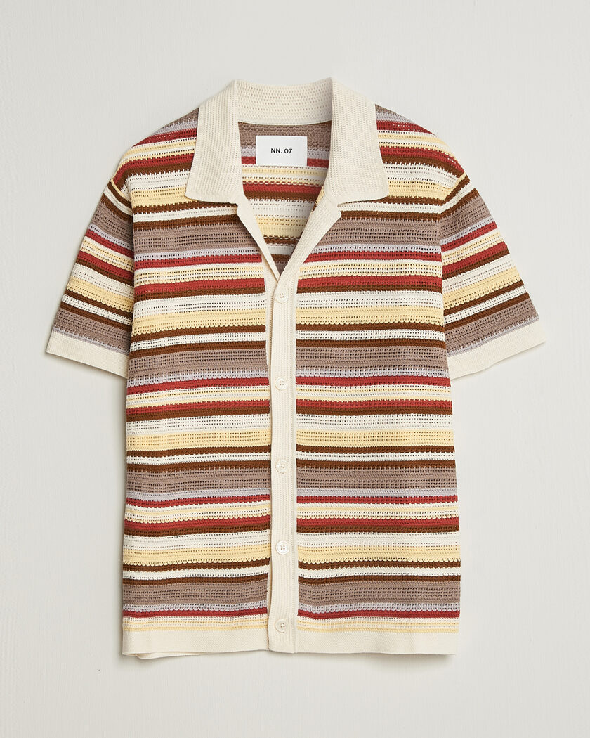 NN07 Lars Striped Knitted Short Sleeve Shirt Ivory Multi – Monivärinen