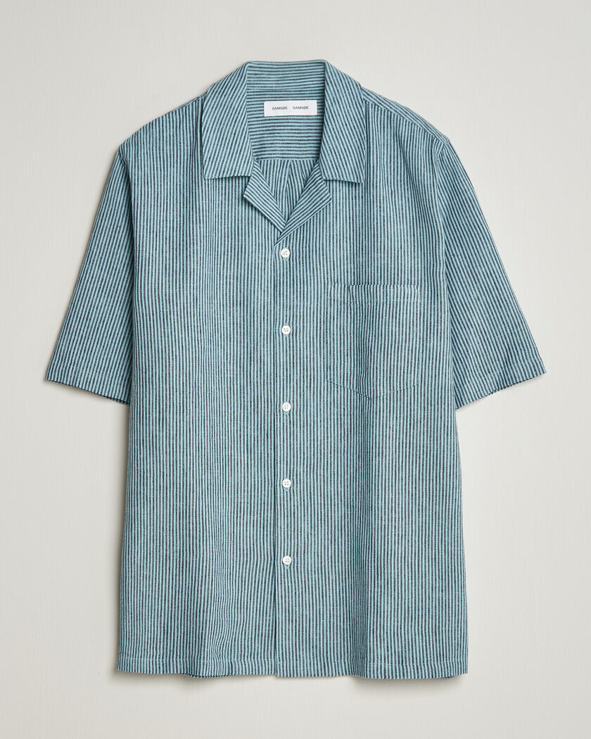 Samsøe Samsøe Oscar Linen/Cotton Striped Short Sleeve Shirt Tourmaline – Sininen