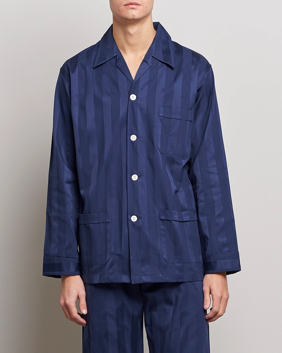 Mies | Oloasut | Derek Rose | Striped Cotton Satin Pyjama Set Navy