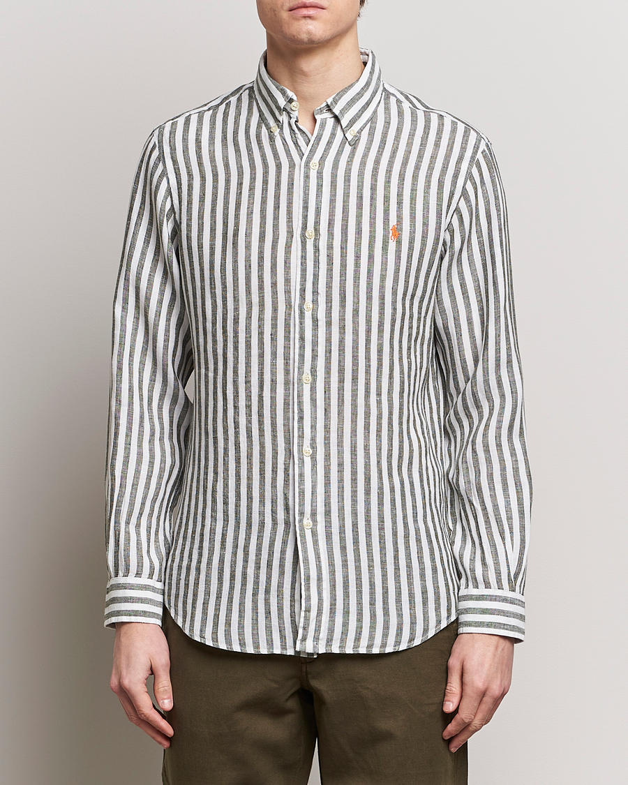 Mies |  | Polo Ralph Lauren | Custom Fit Striped Linen Shirt Olive/White