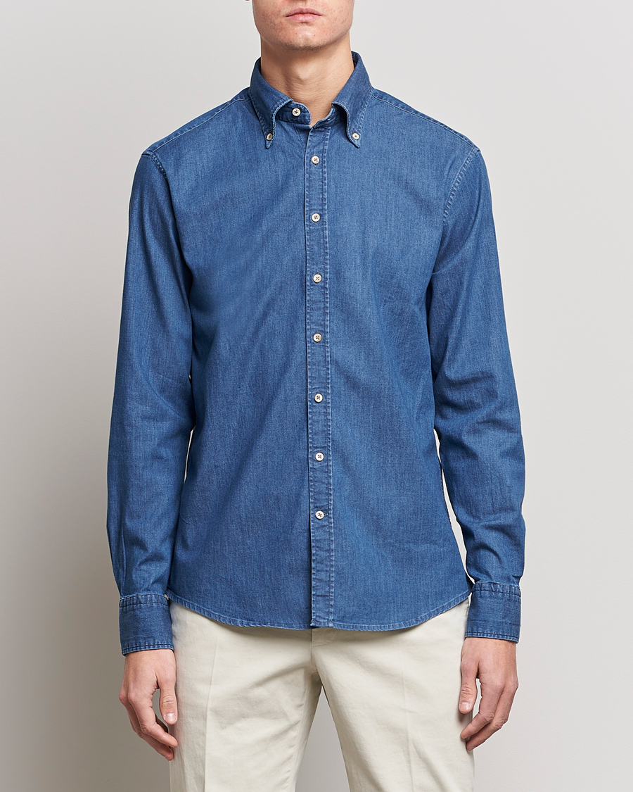 Mies | Kauluspaidat | Stenströms | Fitted Body Button Down Garment Washed Shirt Mid Blue Denim