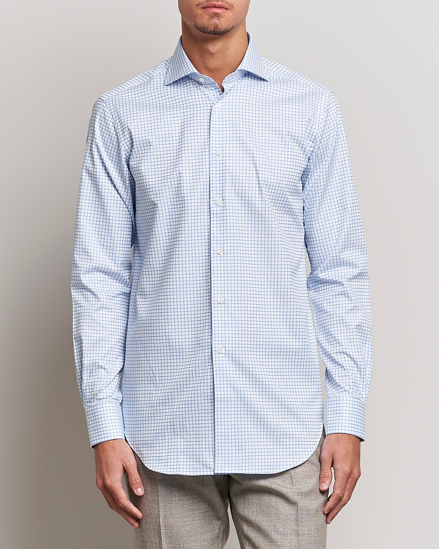 Mies | Oxford-paidat | Kamakura Shirts | Slim Fit Twill Spread Shirt Sky Blue Check