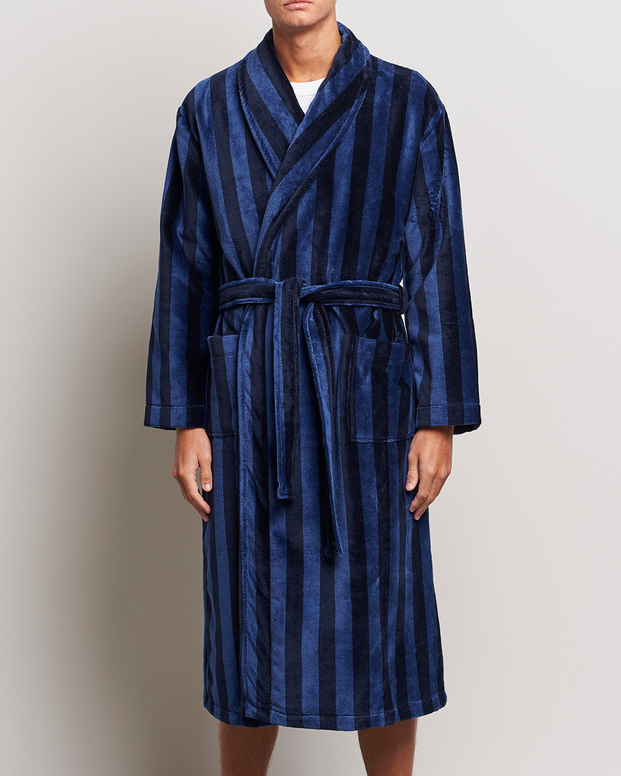 Mies | Derek Rose | Derek Rose | Cotton Velour Striped Gown Navy/Blue