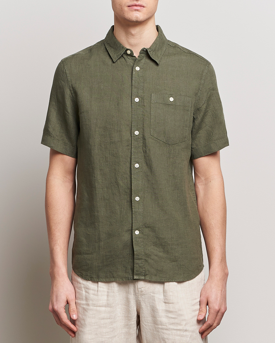 Mies | KnowledgeCotton Apparel | KnowledgeCotton Apparel | Regular Short Sleeve Linen Shirt Burned Olive