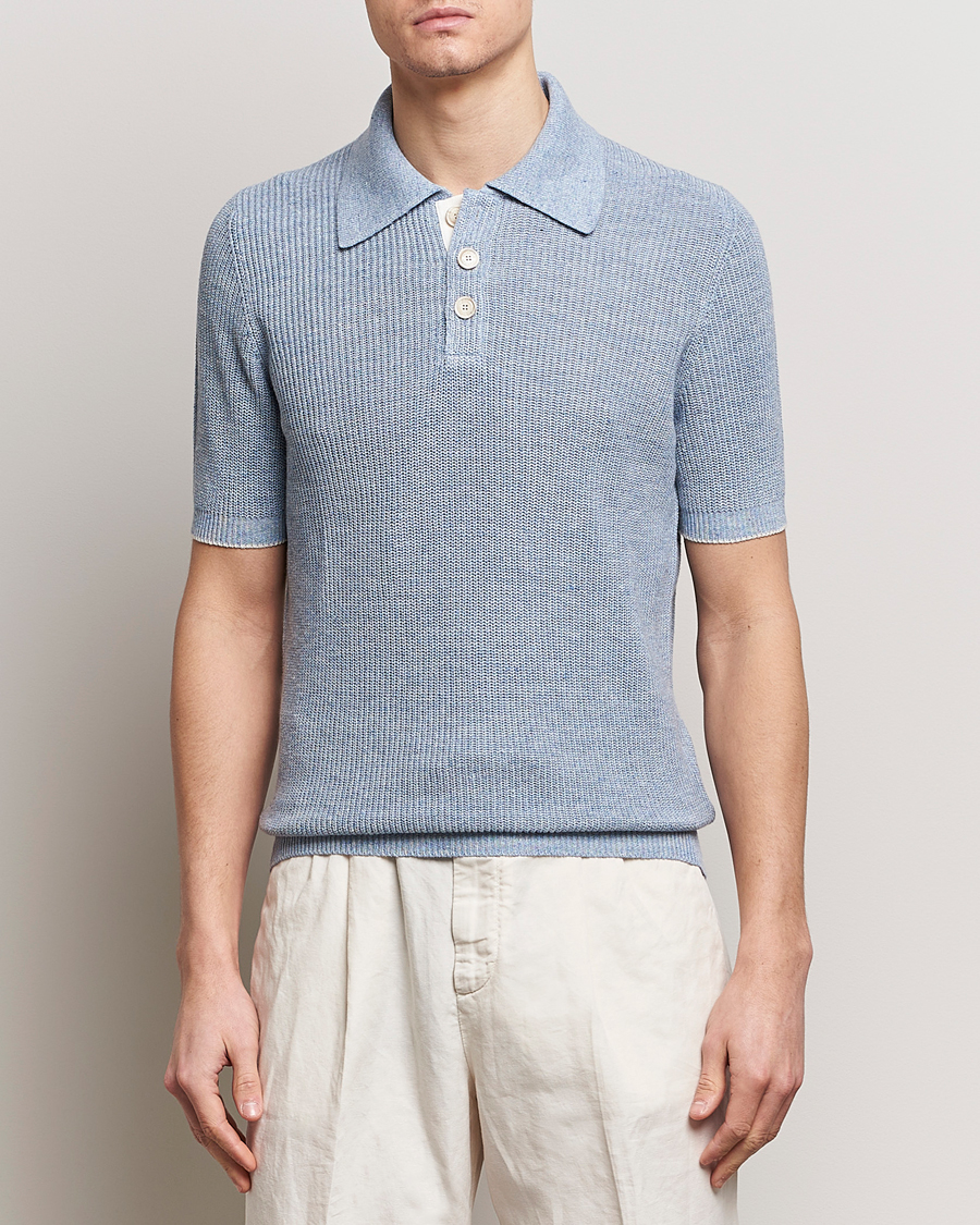 Mies | Vaatteet | Brunello Cucinelli | Cotton/Linen Rib Knitted Polo Light Blue
