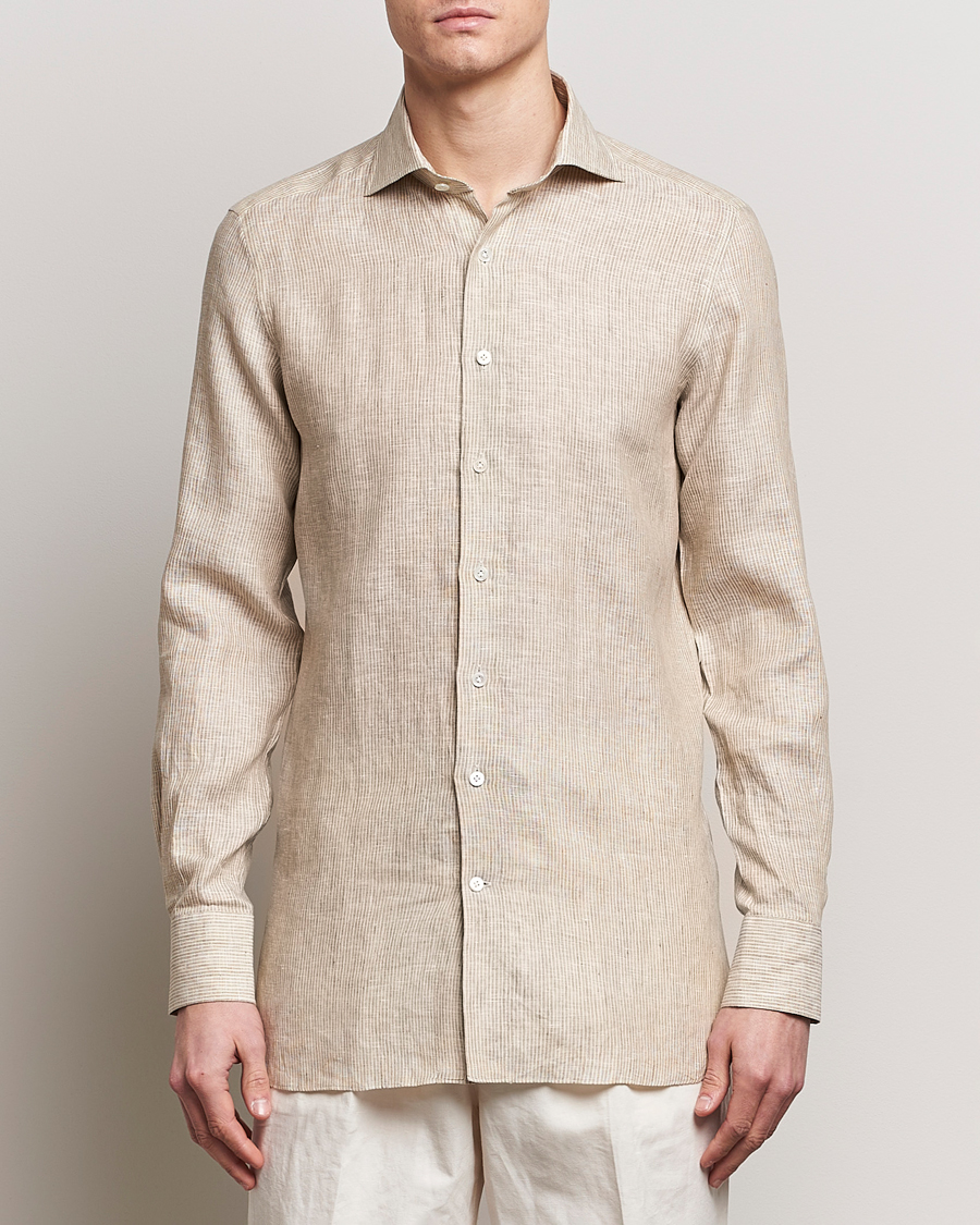 Mies | Pellavapaidat | 100Hands | Striped Linen Shirt Brown