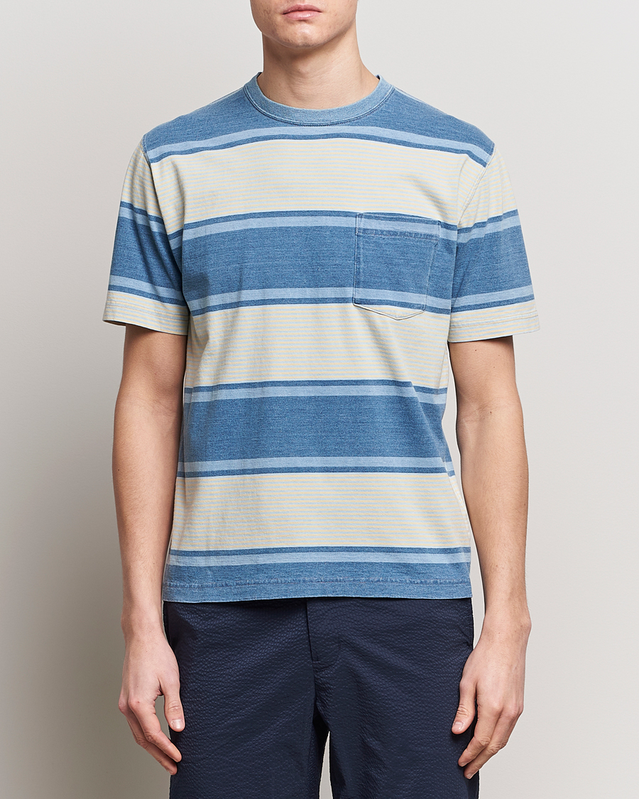 Mies | Japanese Department | BEAMS PLUS | Indigo Dyed Striped T-Shirt Sax Blue