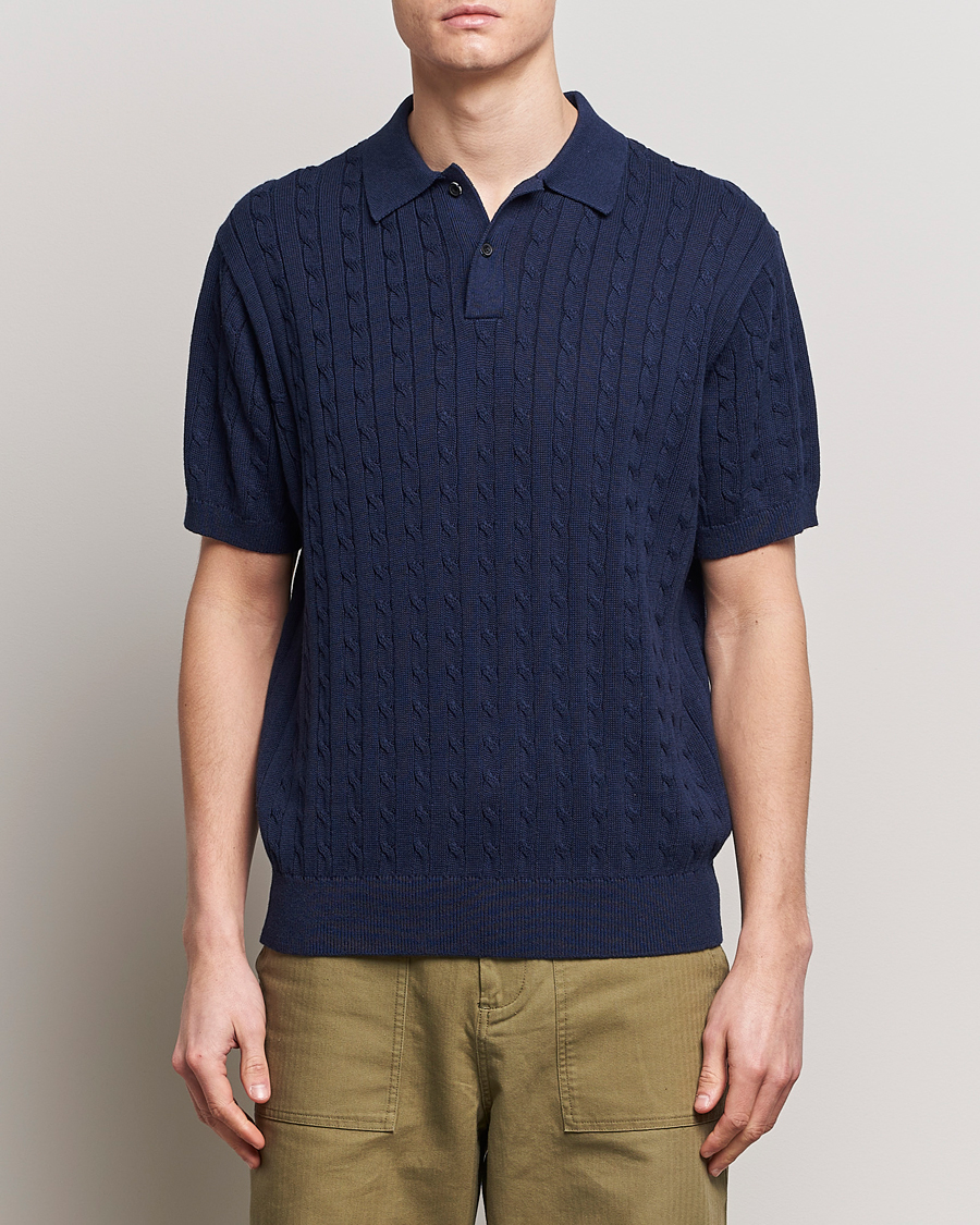 Mies |  | BEAMS PLUS | Cable Knit Short Sleeve Polo Navy