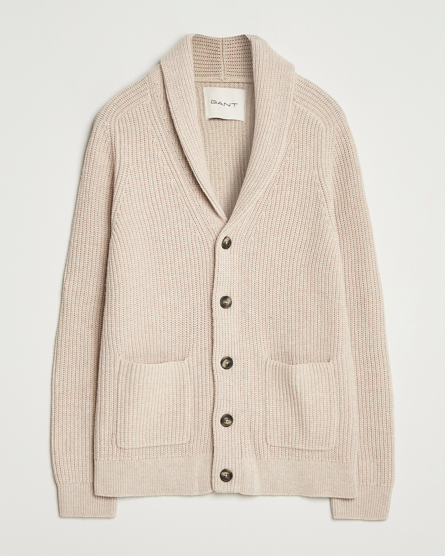 Mies | Puserot | GANT | Wool Knitted Shawl Collar Cardigan Light Beige Melange
