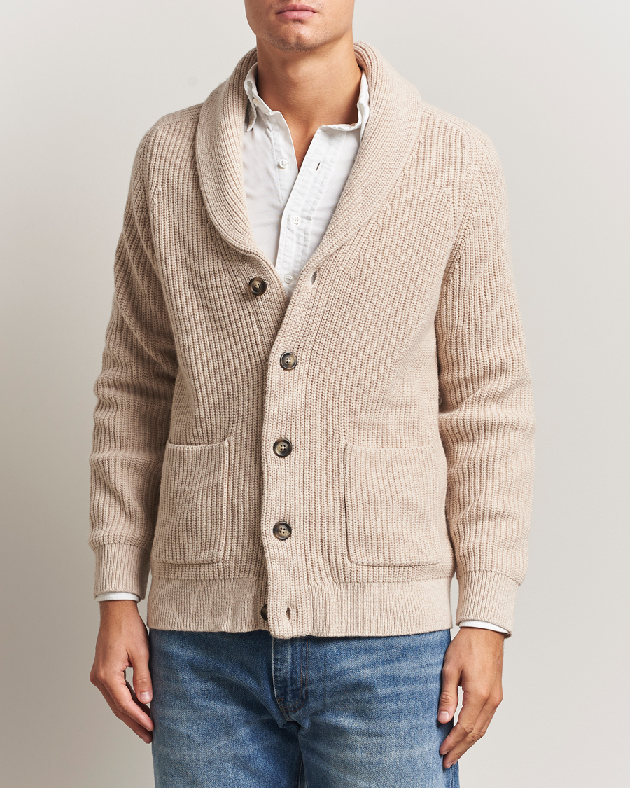 Mies | Puserot | GANT | Wool Knitted Shawl Collar Cardigan Light Beige Melange