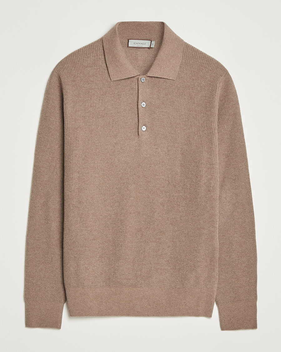 Mies | Puserot | Canali | Wool/Cashmere Long Sleeve Polo Brown