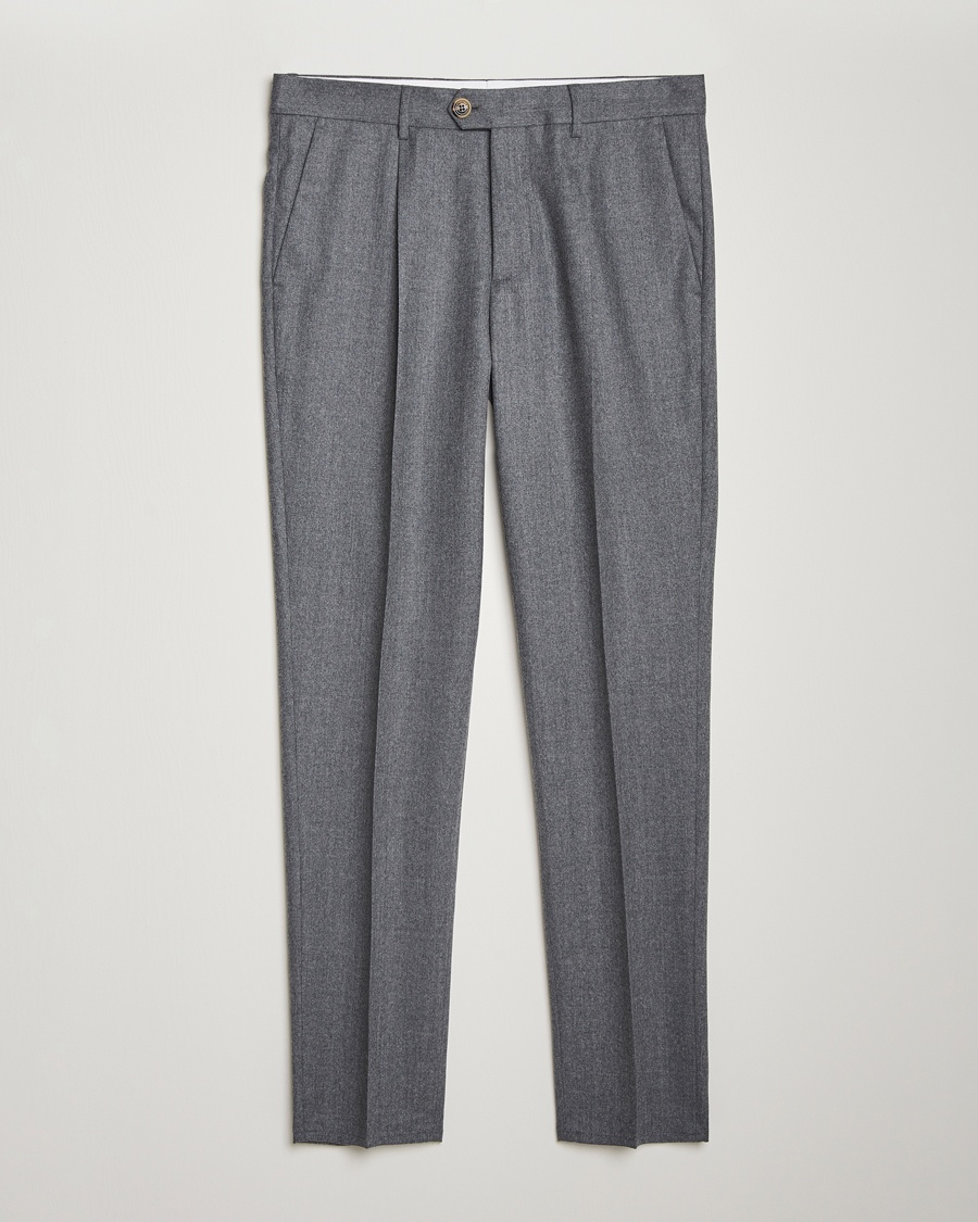 Brunello Cucinelli Slim Fit Pleated Flannel Trousers Grey Melange – Harmaa