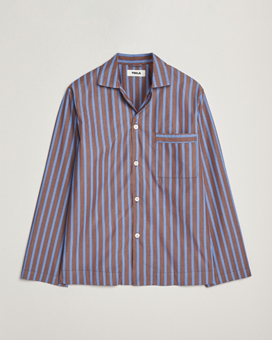 Tekla Poplin Pyjama Shirt Chestnut Stripes – Ruskea