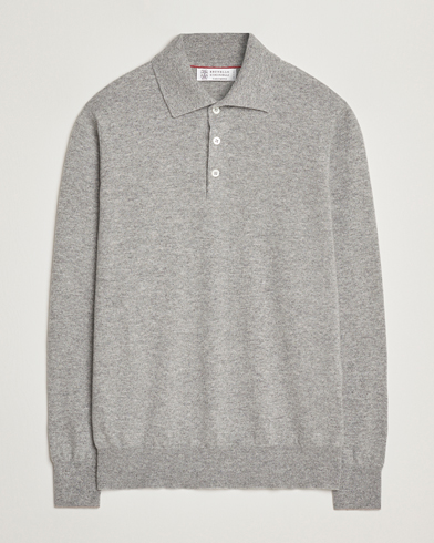 Brunello Cucinelli 2 Ply Cashmere Long Sleeve Polo Grey Melange – Harmaa