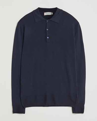 Canali Merino Wool Long Sleeve Polo Navy – Sininen