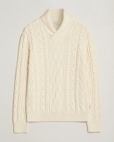 GANT Cable Shawl Collar Knitted Sweater Cream – Valkoinen