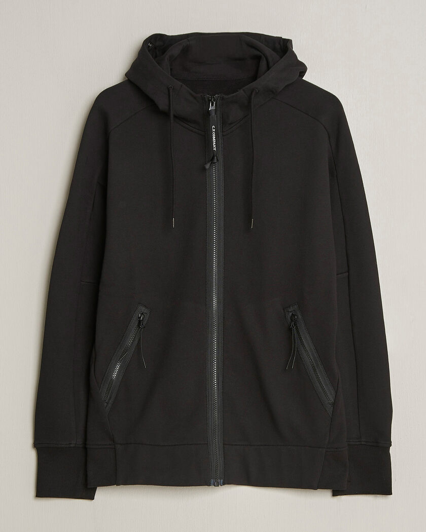 C.P. Company Diagonal Raised Fleece Full Zip Goggle Hoodie Black – Musta