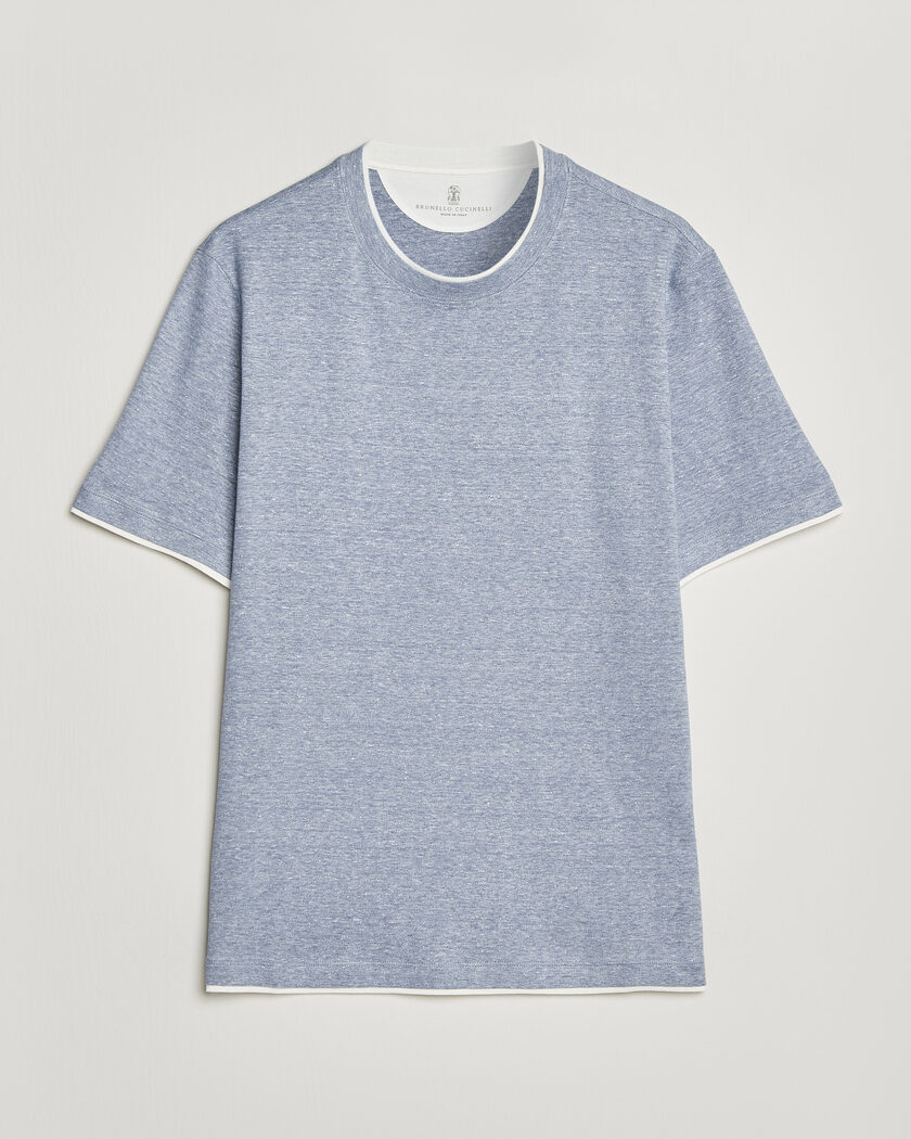 Brunello Cucinelli Double Collar Linen T-Shirt Light Blue – Sininen