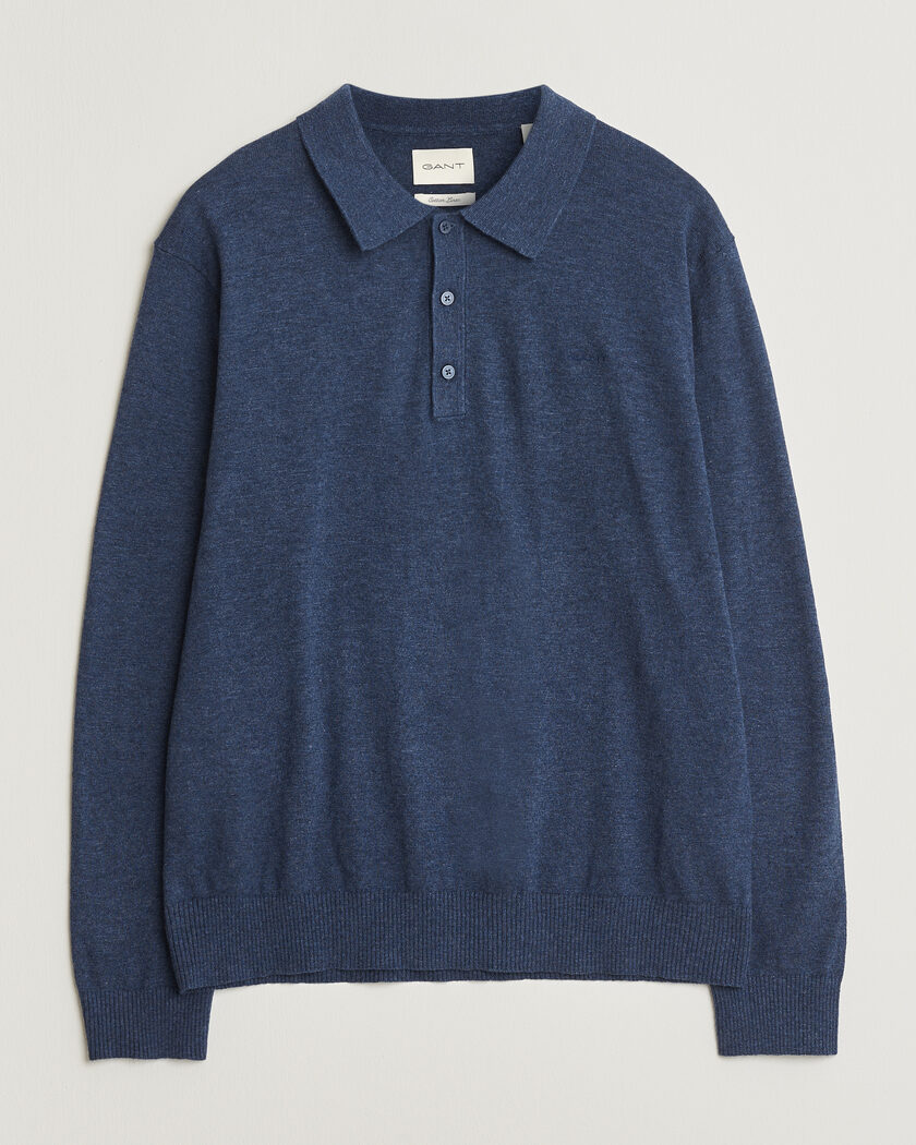 GANT Cotton/Linen Slub Knitted Polo Dark Indigo Melange – Sininen