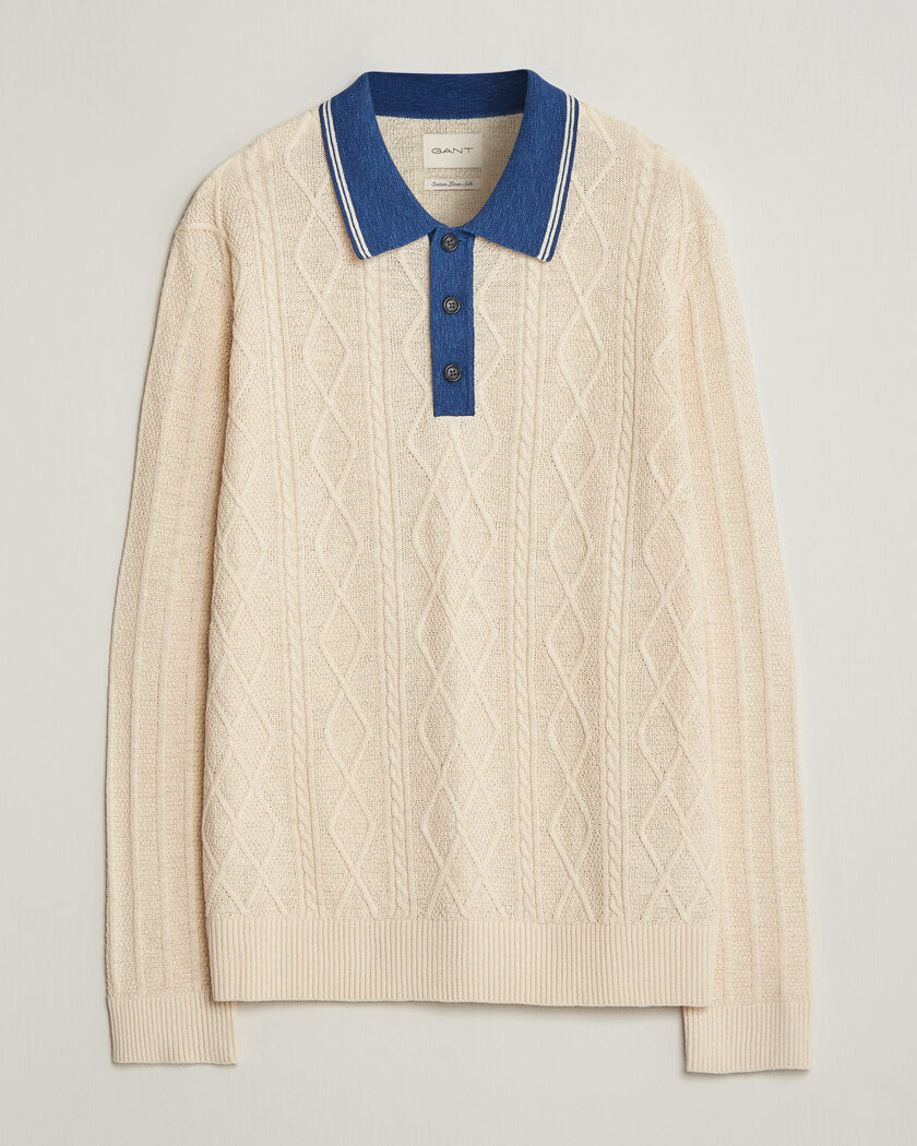 GANT Linen/Cotton Knitted Polo Creamed White – Valkoinen