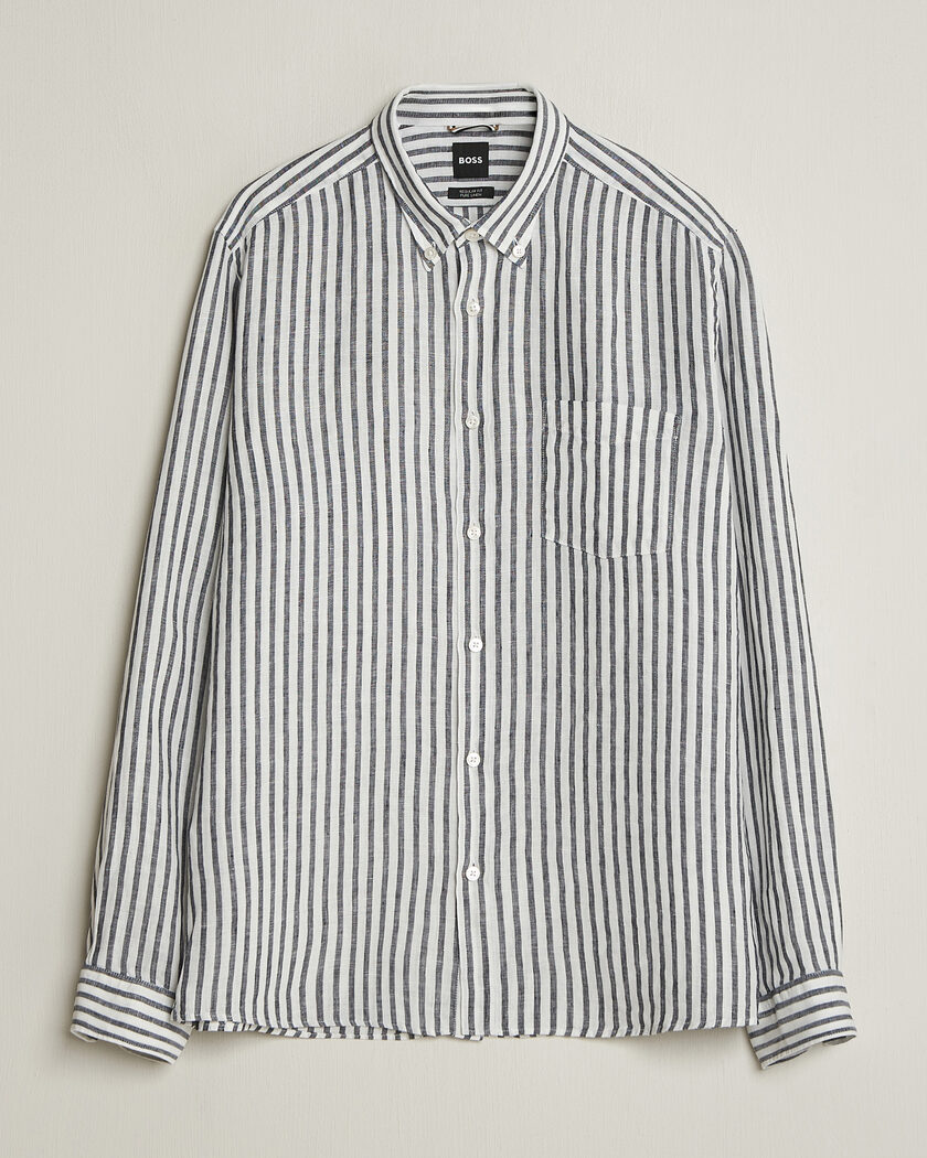 BOSS BLACK Liam Striped Linen Shirt Dark Blue – Sininen