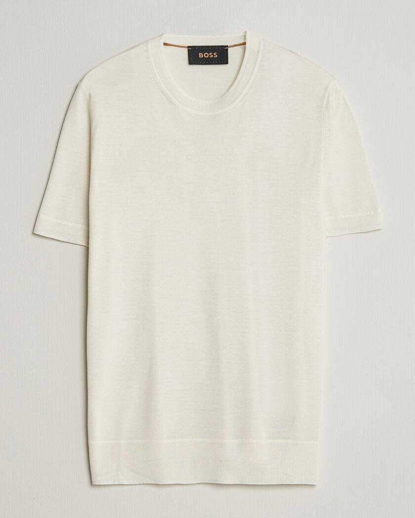 BOSS CAMEL Nottano Silk Knitted T-Shirt Open White – Valkoinen