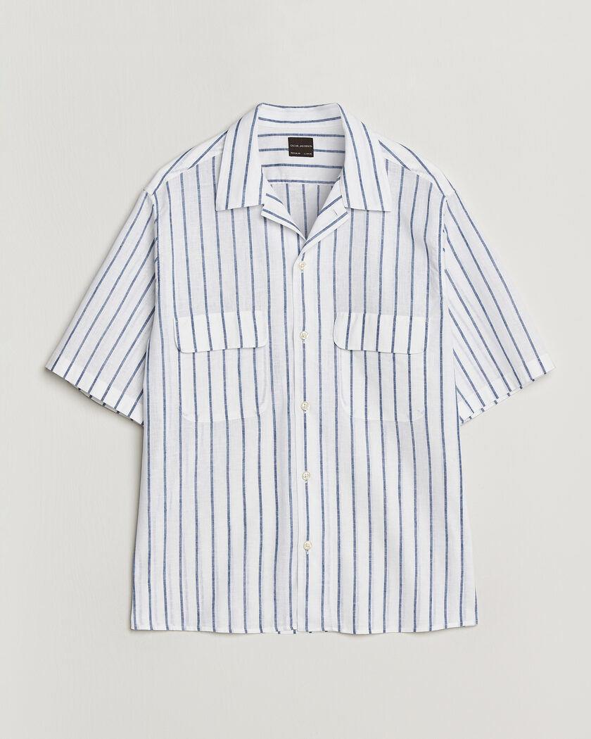 Oscar Jacobson Striped Short Sleeve Linen Shirt Navy/White – Valkoinen