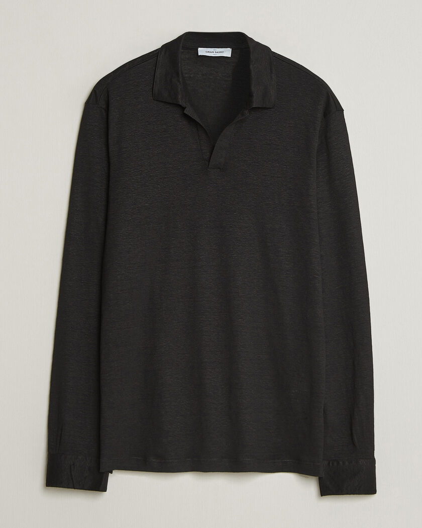 Gran Sasso Washed Linen Long Sleeve Polo Black – Musta