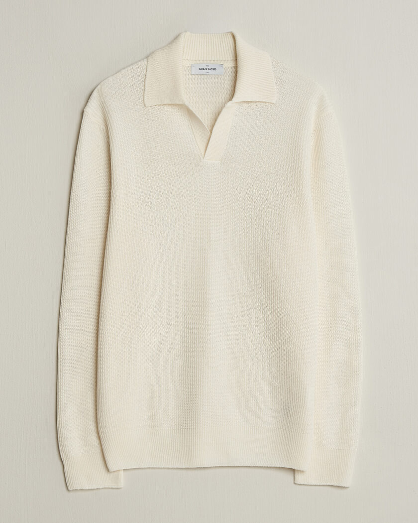 Gran Sasso Linen/Cotton Open Collar Knitted Polo Cream – Valkoinen