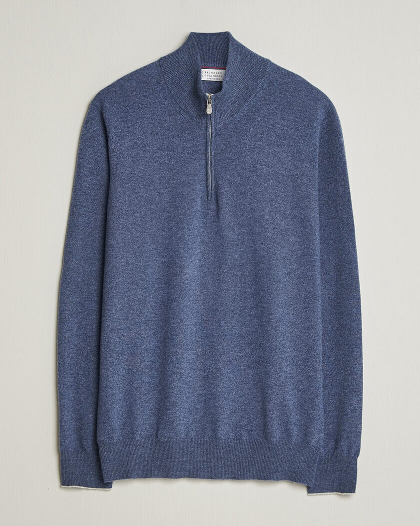 Brunello Cucinelli 2 Ply Cashmere Half Zip Denim Blue – Sininen