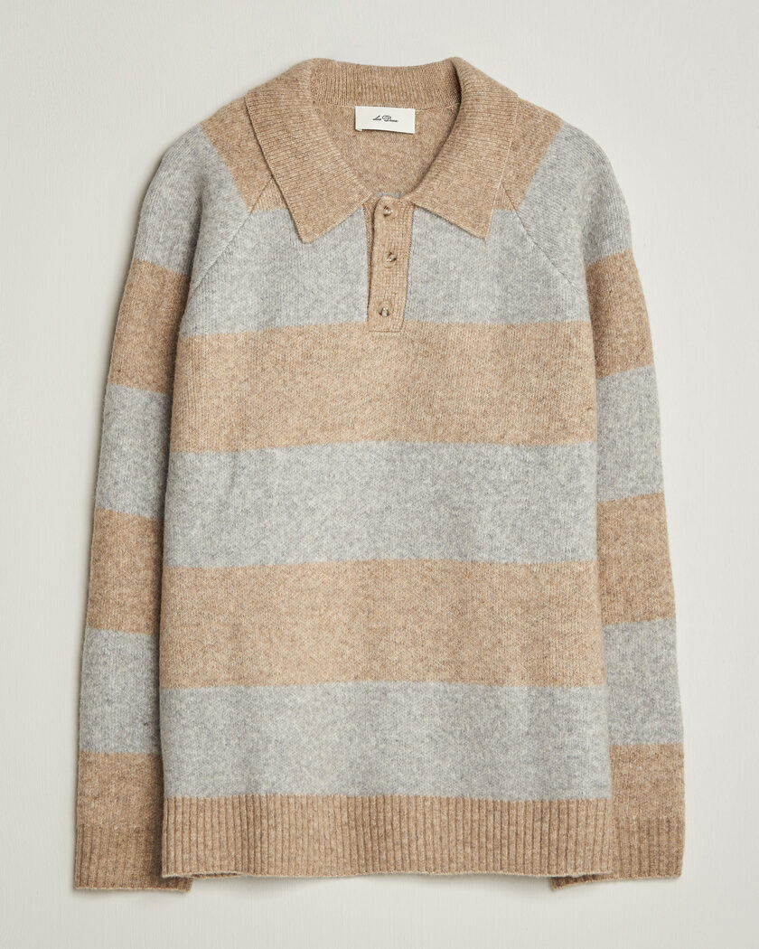 LES DEUX Striped Melange Knit Polo Light Sand Melange – Harmaa