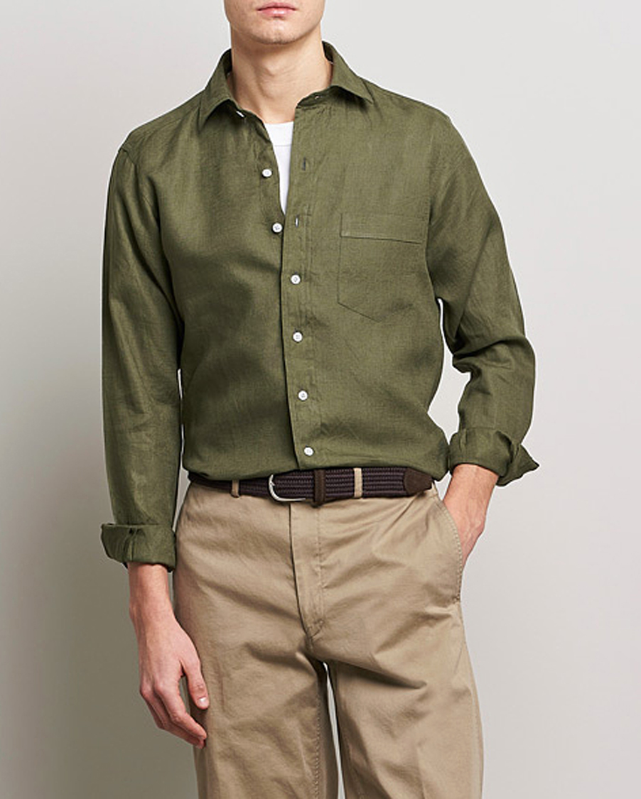 Mies | Kauluspaidat | Drake's | Linen Summer Shirt Green