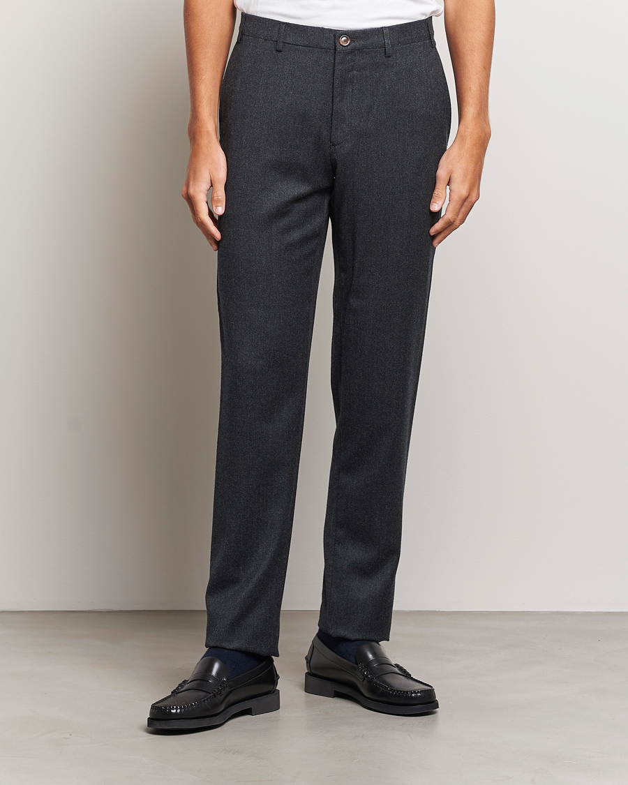 Mies | Flanellihousut | Canali | Slim Fit Washable Flannel Trousers Charcoal
