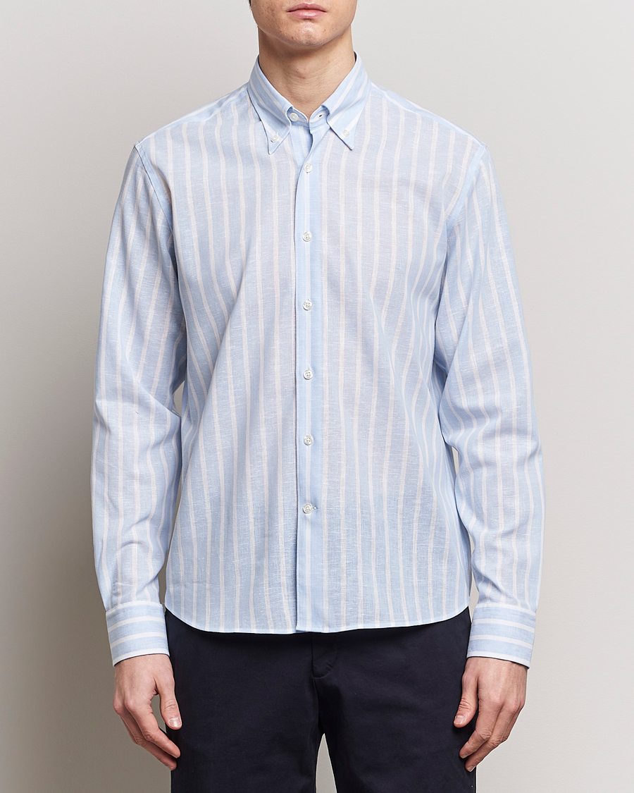 Mies | Vaatteet | Oscar Jacobson | Regular Fit Striped Linen Shirt Light Blue